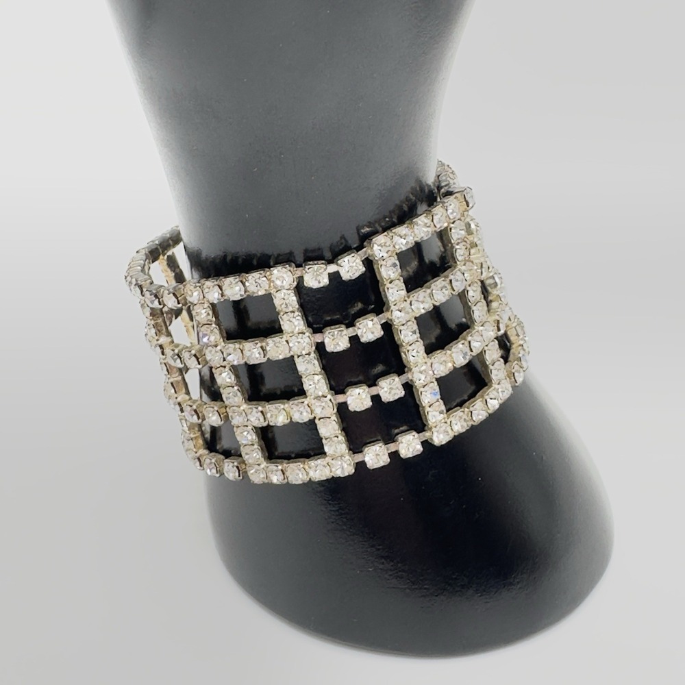 Vintage Clear Rhinestone Wide Bracelet Openwork Grid Design Push Clasp 6.75